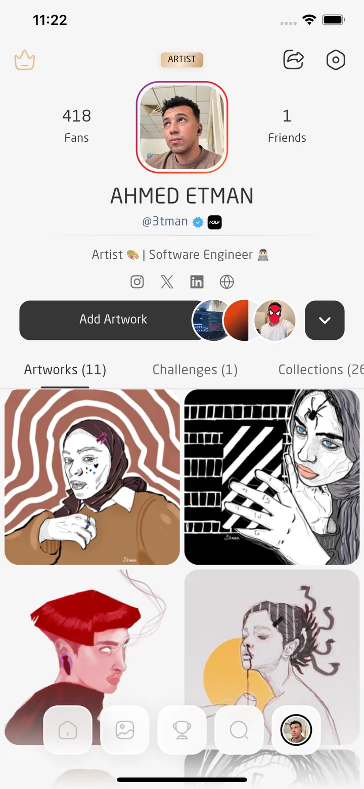 NOUV artist profile with artworks, challenges, and collections